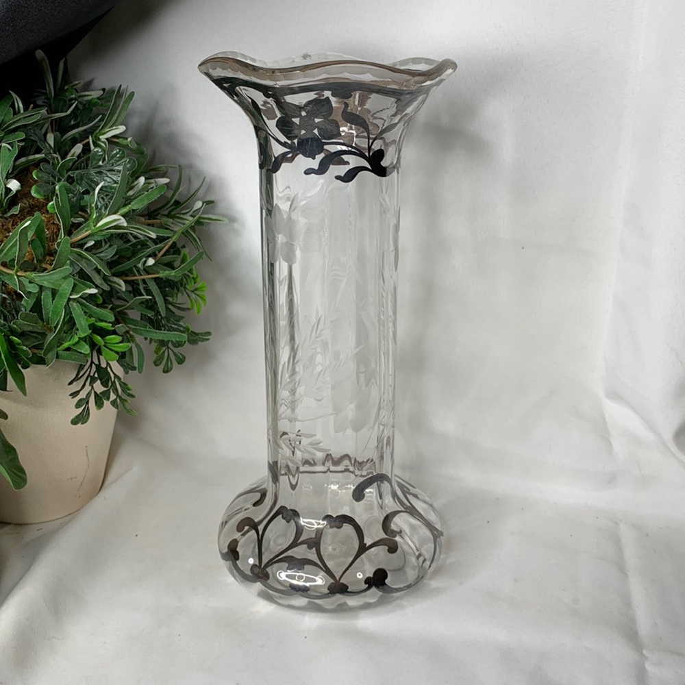 Vintage etched crystal vase with ornate scrolling silver overlay